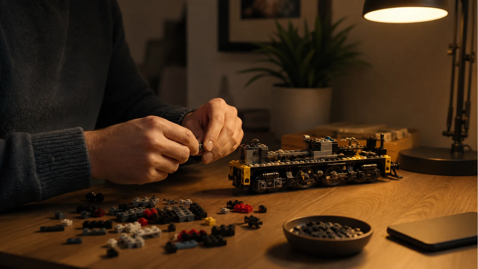 Adult builder relaxing with a half-finished locomotive brick set at a desk