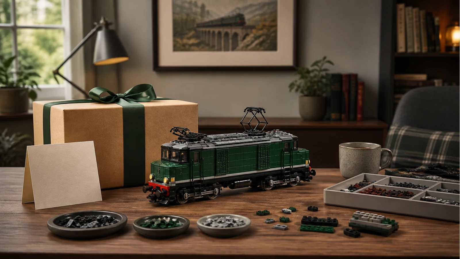 Birthday gift scene with an adult brick locomotive build on a wooden table