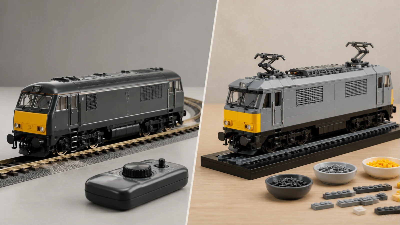 Comparison of a ready-to-run model train and a brick locomotive display kit