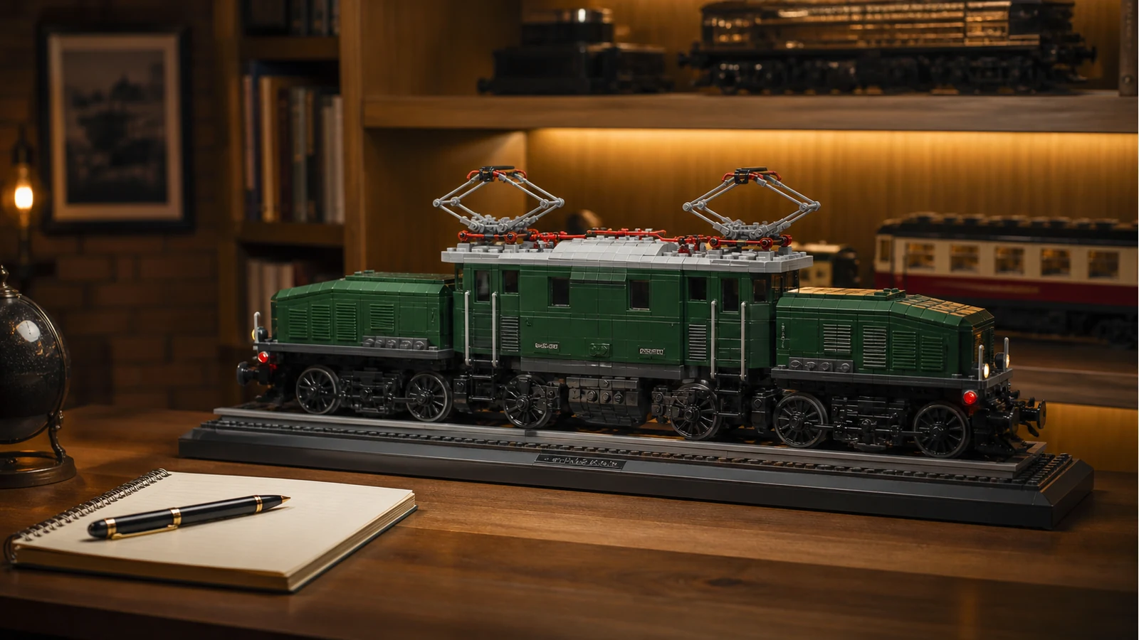 Collector shelf display of a detailed brick electric locomotive