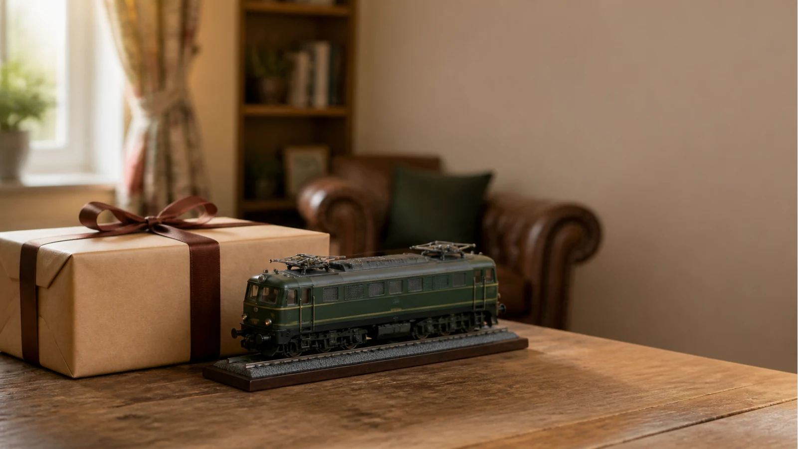 Gift-wrapped adult train building kit beside a display locomotive on a track base